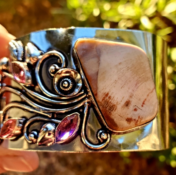 New Mookaite Jasper and Rubellite 925 Silver Cuff Bracelet. - Picture 13 of 16